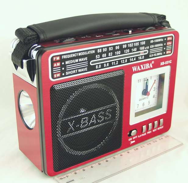 Радиоприёмник XB-531C (FM/AM/SW 3 Band) SD, USB (18650, сетевой) с фонарем, с часами