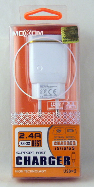 Сетевое зарядное устройство с кабелем LIGHTNING 2,4A MOXOM KH-22-I5 2USB
