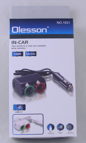 Разветвитель прикуривателя (2 вых.+USB) 1631 (с проводом) Olesson