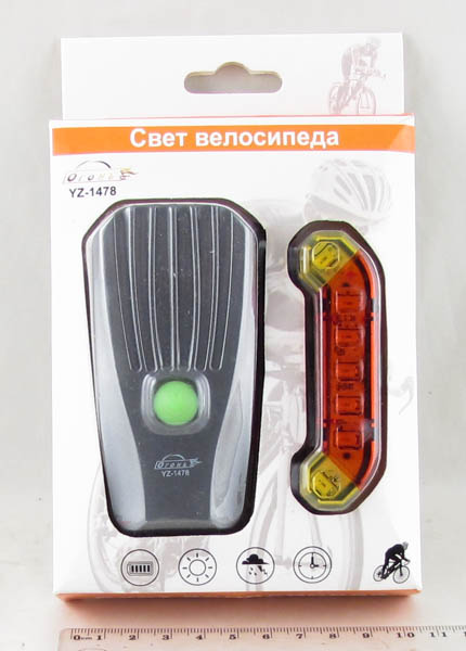 Фонарь для велосипеда YZ-1478 (1 COB, 5 красн/2 желт. задн., шнур microUSB)