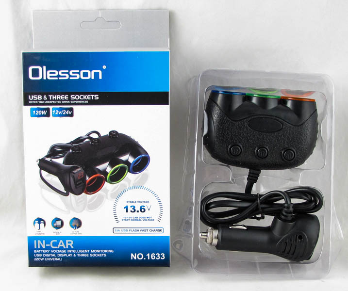 Разветвитель прикуривателя (3 вых.+USB) 1633 3,1A Olesson с вольтметром
