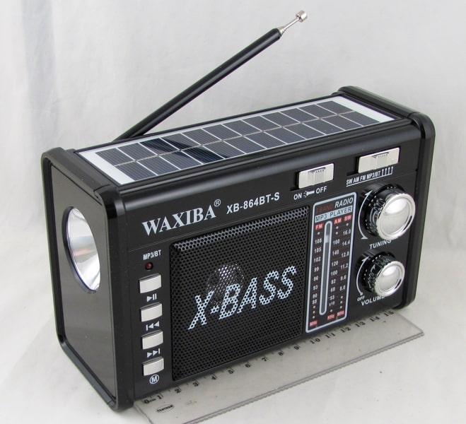 Радиоприёмник XB-864BT-S 3 band (FM/AM/SW) USB, SD, аккум. 18650, фонарь, солнечная батарея