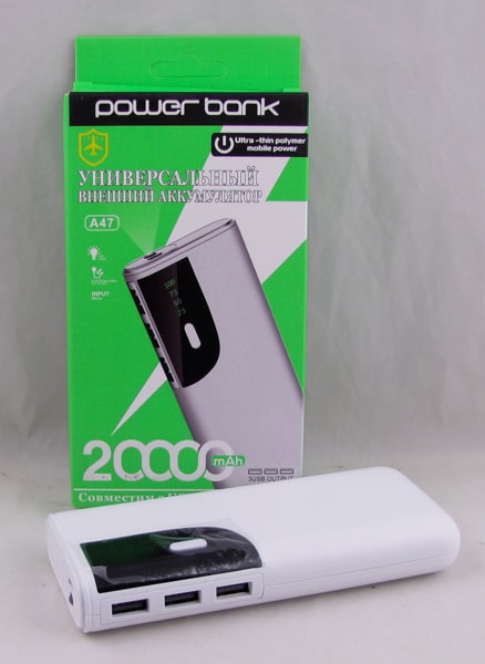 PowerBank 3USB A-47 20000mAh с фонариком белый