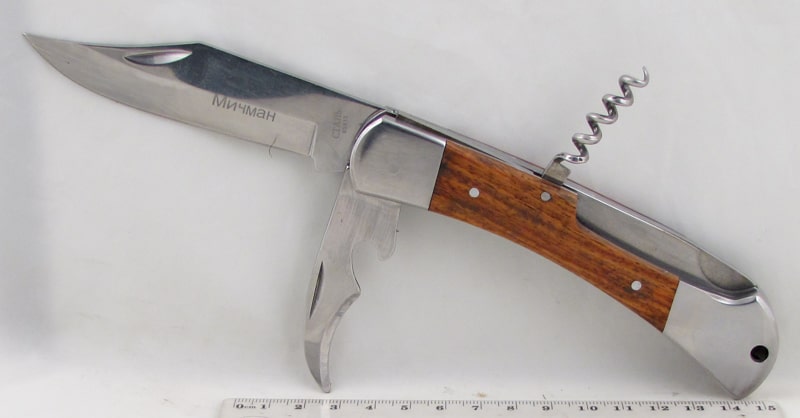 Нож 2 (HF-2) штопор, открывалка, раскладной, деревянная ручка МИЧМАН