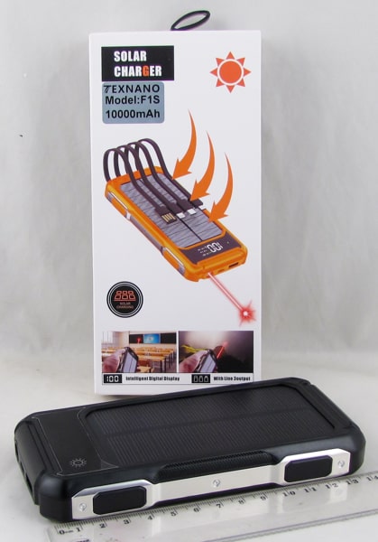 PowerBank 1USB F-1S черный 10000mAh TYPE-C/Micro/Lightning/USB с лазером, солнеч. батар.