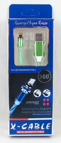 Кабель LIGHTNING 1м W-016(360)-IP магнитный светящийся зеленый