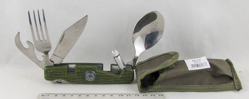 Туристический набор UQ-KP63 (вилка, ложка, нож, компас, фонарик) в чехле