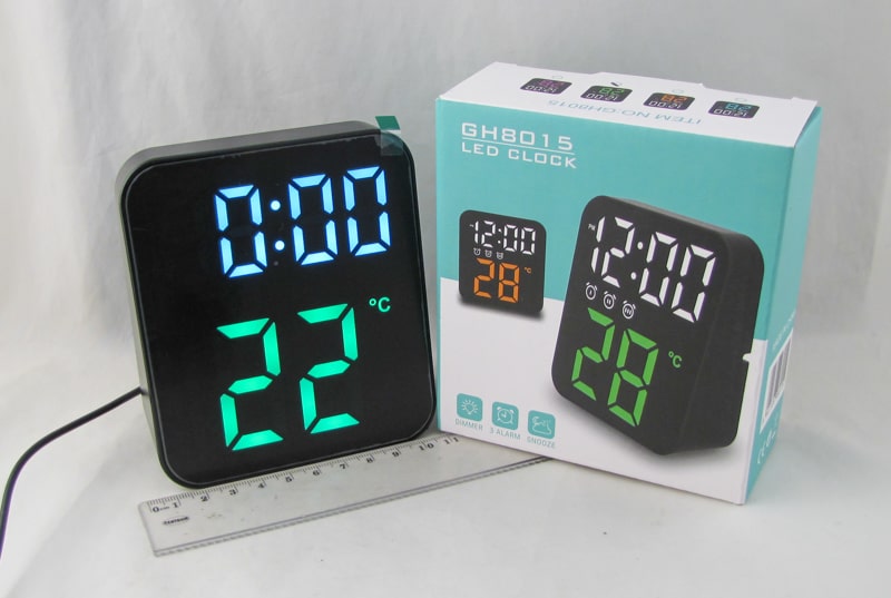 Часы-будильник электронные GH-8015 черный корпус (белые+зеленые цифры) с температурой