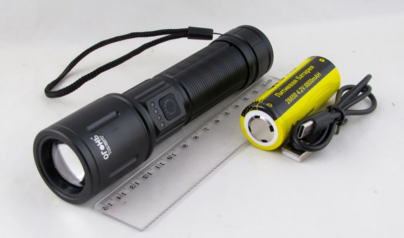 Фонарь светодиодный H-3039-PM20 (1 мощ., акк.26650 + шнур microUSB) с индикатором, zoom