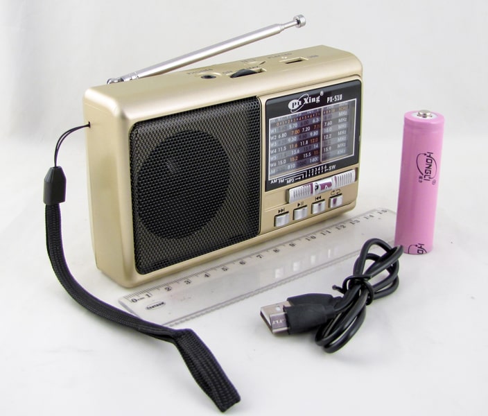 Радиоприёмник PX-51U (FM/AM/SW1-6) USB, TF, аккум. 18650, шнур microUSB, с фонарем