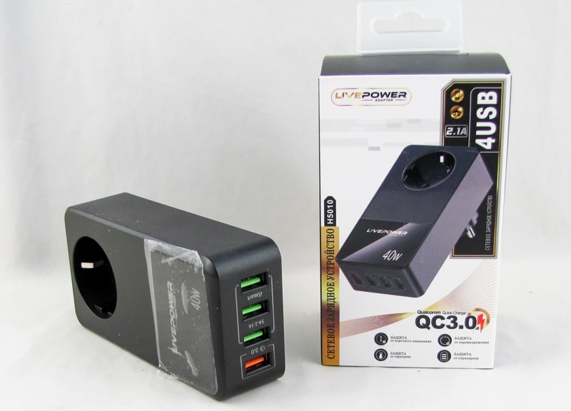 Адаптер сетевой H-5010 (4 USB QC3.0 + гнездо для розетки)