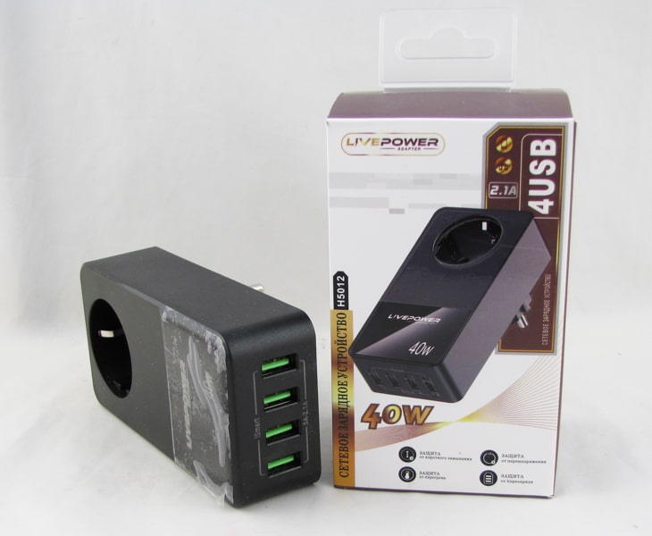 Адаптер сетевой H-5012 (4 USB 5V 2,1A + гнездо для розетки)