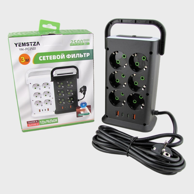 Сетевой удлинитель 12 розеток + 2USB + 2TYPE-C YM-PC2501 3м 2500W с выключателем
