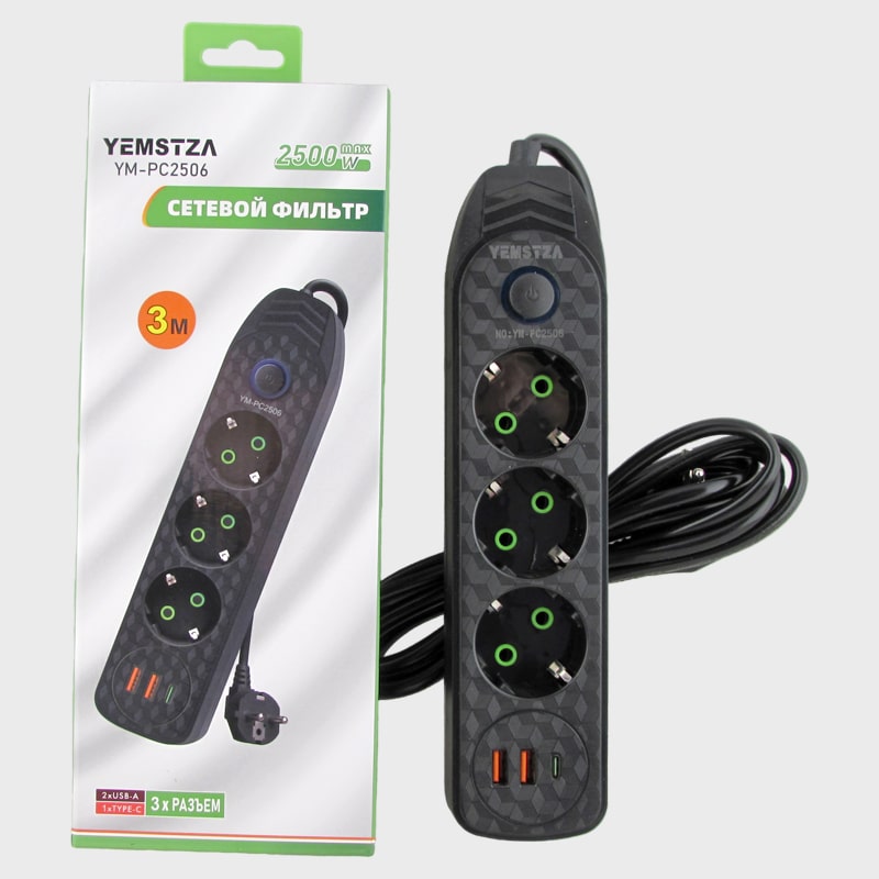Сетевой удлинитель 3 розетки + 2USB + TYPE-C YM-PC2506 3м 2500W с выключателем