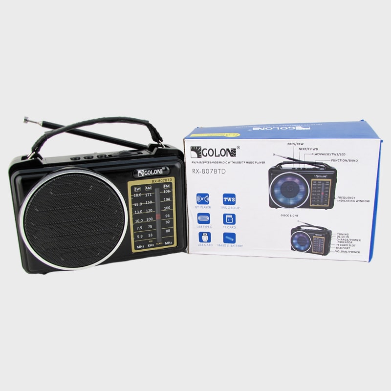Радиоприёмник RX-807BTD (FM, AM, SW аккумулятор 18650, шнур TYPE-C) USB, TF, Bluetooth, с подсветкой