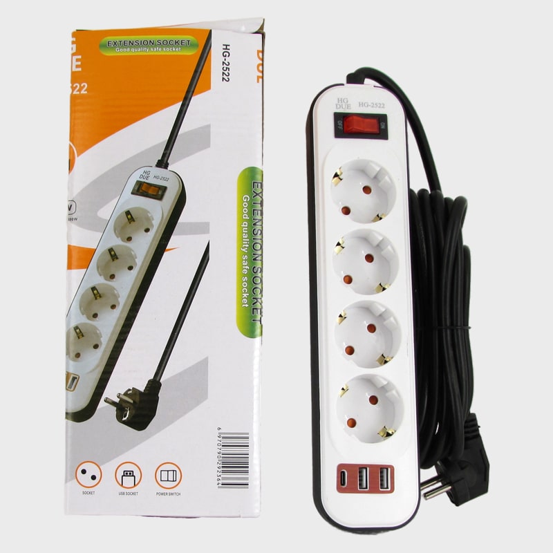 Сетевой удлинитель 4 роз.+ 2USB + TYPE-C HG-2522 белый 3м с выключателем 2500W
