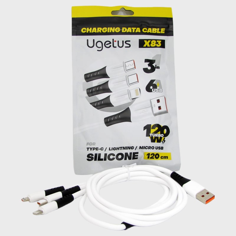 Кабель LIGHTNING, SAMSUNG, HUAWEI 3в1 1,2м X-83 белый силиконовый в пакете