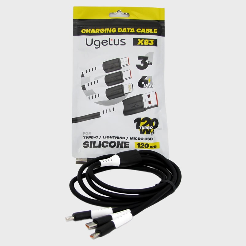 Кабель LIGHTNING, SAMSUNG, HUAWEI 3в1 1,2м X-83 черный силиконовый в пакете