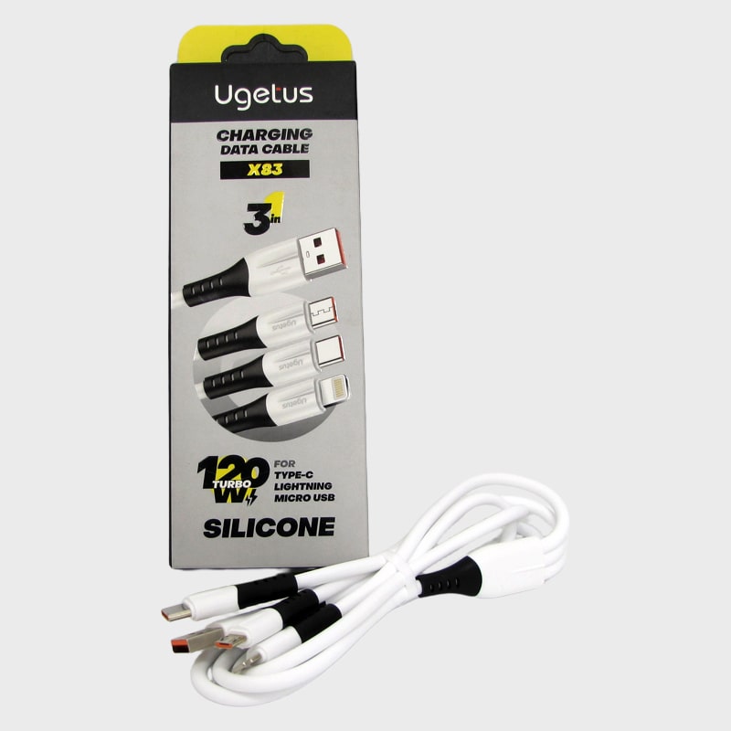 Кабель LIGHTNING, SAMSUNG, HUAWEI 3в1 1,2м X-83 белый силиконовый в коробке
