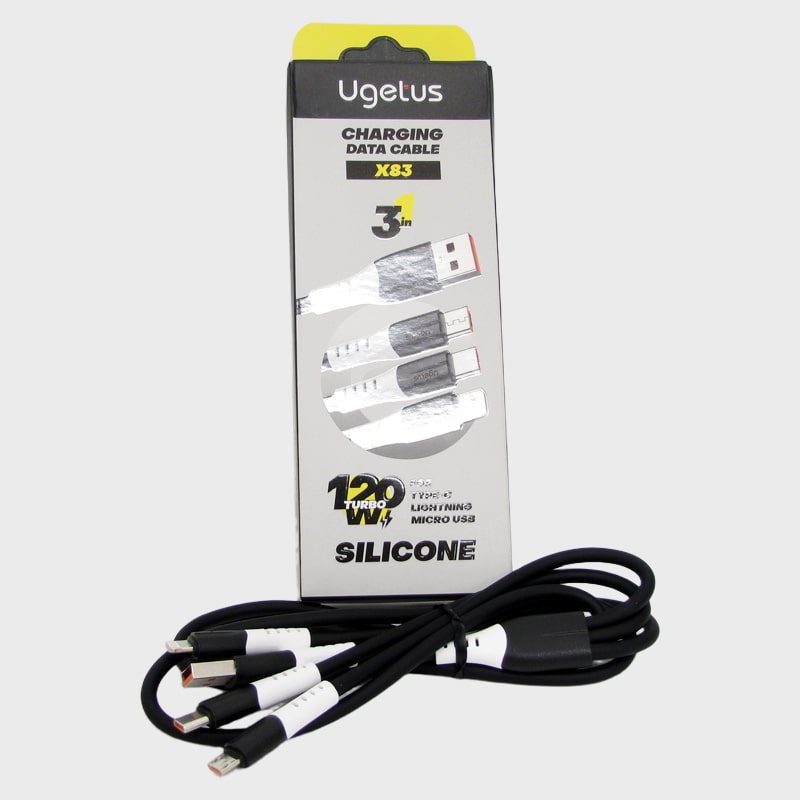 Кабель LIGHTNING, SAMSUNG, HUAWEI 3в1 1,2м X-83 черный силиконовый в коробке