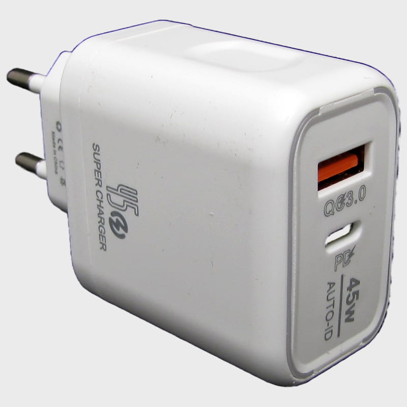 Сетевое зарядное устройство 5V 3A / 9V 2,4A / 12V 1,5A 1USB+PD 45W AR-PD33 белый 3,0 быстрая зарядка
