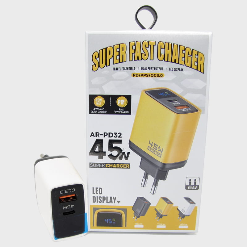 Сетевое зарядное устройство 5V 3A / 9V 3A / 12V 2,5A 1USB+PD 45W AR-PD32 белый 3,0 быстрая зарядка