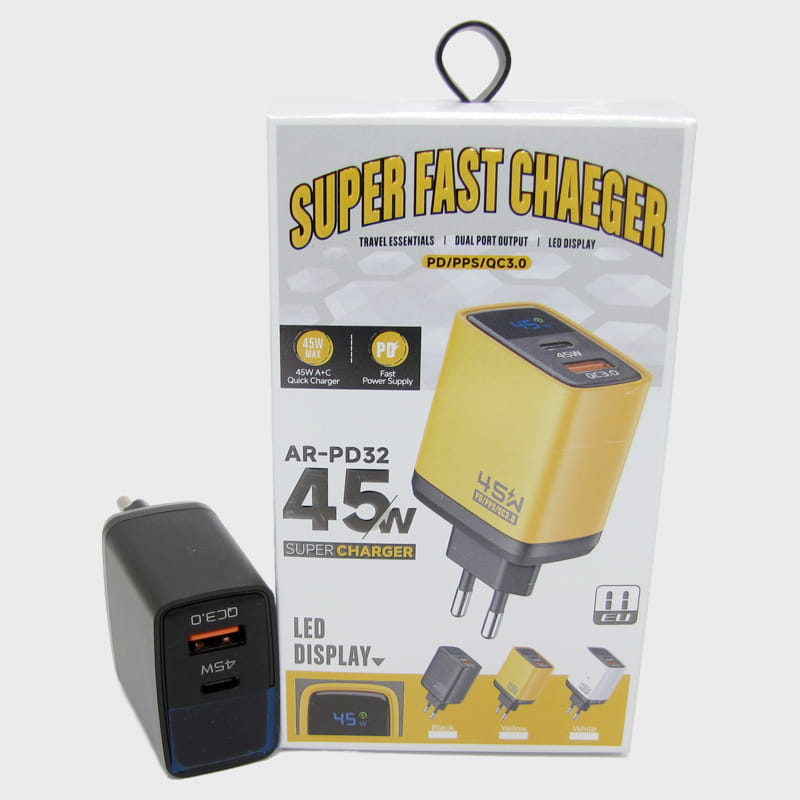 Сетевое зарядное устройство 5V 3A / 9V 3A / 12V 2,5A 1USB+PD 45W AR-PD32 черный 3,0 быстрая зарядка