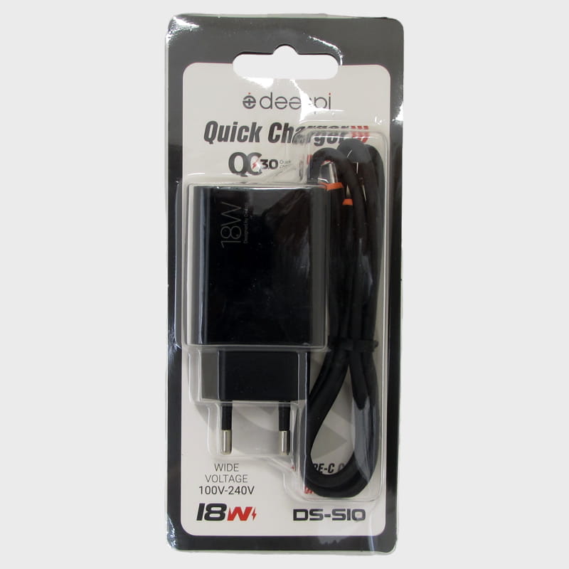 Сетевое зарядное устройство с кабелем TYPE-C 3,1A S-10 черный 18W QC3.0 1USB быстрая зарядка