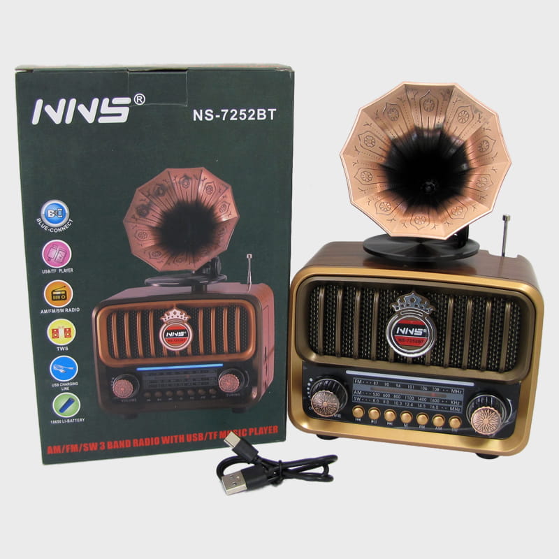 Радиоприёмник NS-7252BT 3 band (FM, AM, SW) аккумулятор 18650, шнур TYPE-C, USB, TF, Bluetooth